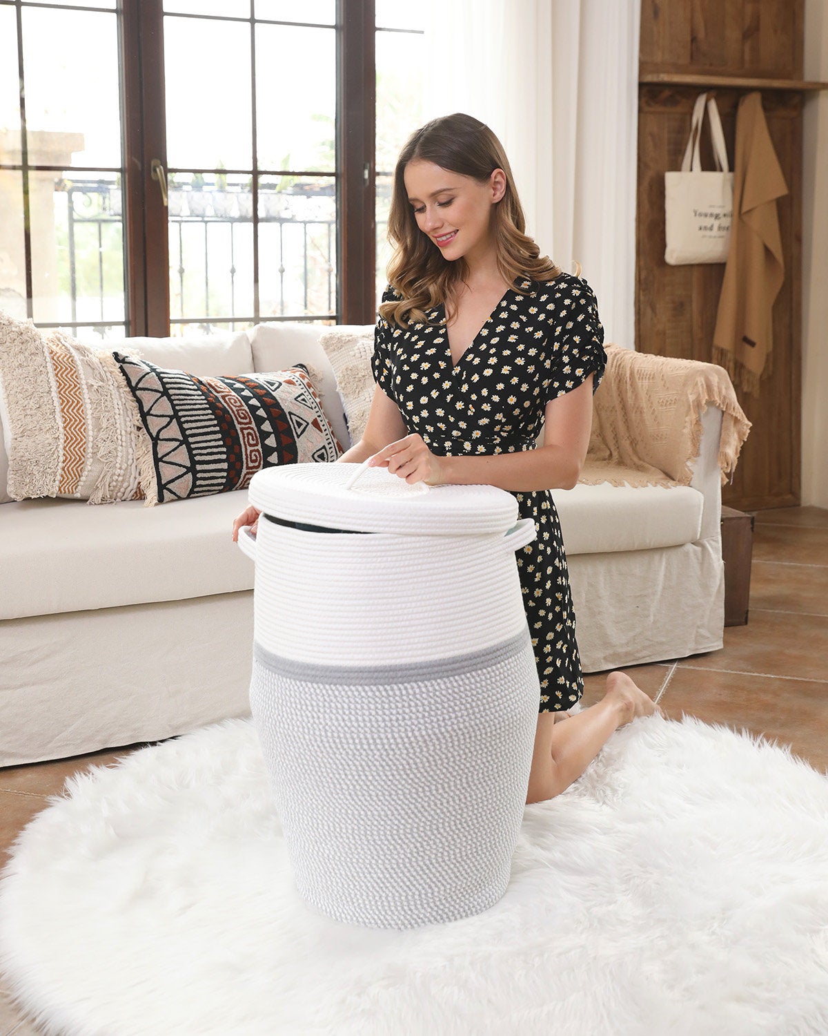 26" x 20" Large Tall Flagon Cotton Rope Storage Basket with Lid, Grey Mix