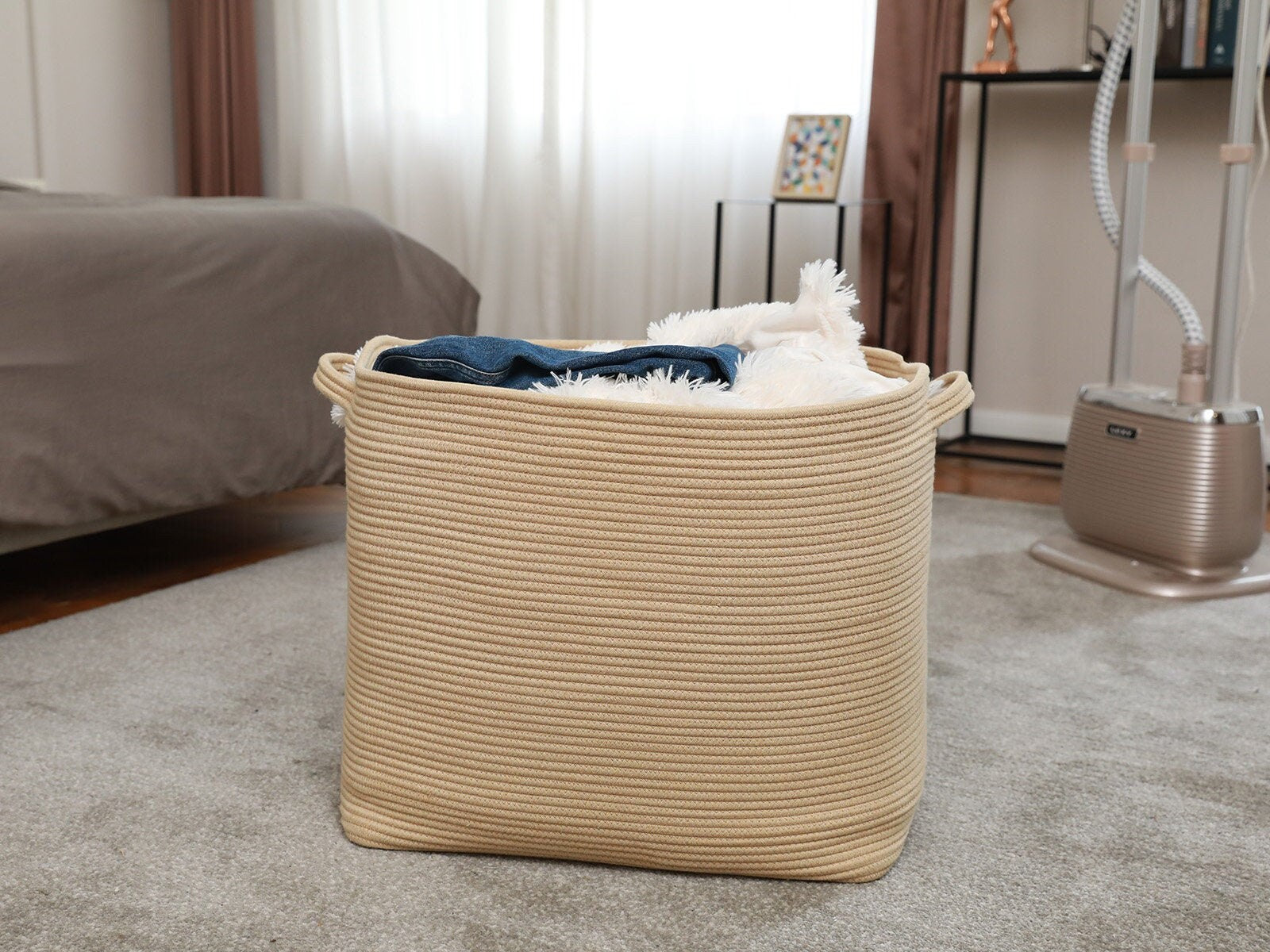 22" x 14" x 18" Rectangular Large Cotton Rope Storage Basket, All Beige