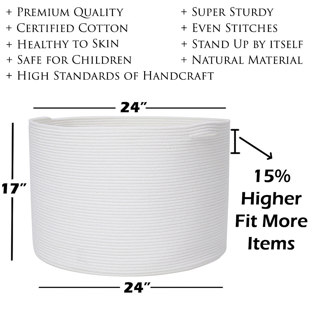 24" x 24" x 17" Mega Size Cotton Rope Storage Basket, All White