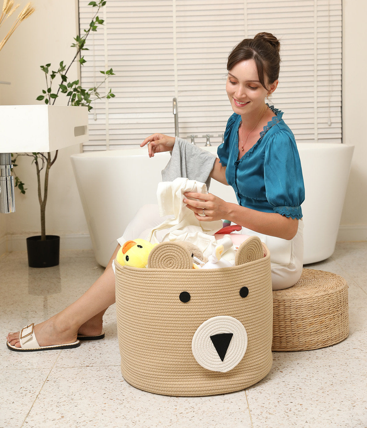 18" x 15" Bear Animal Cotton Rope Storage Basket, Beige