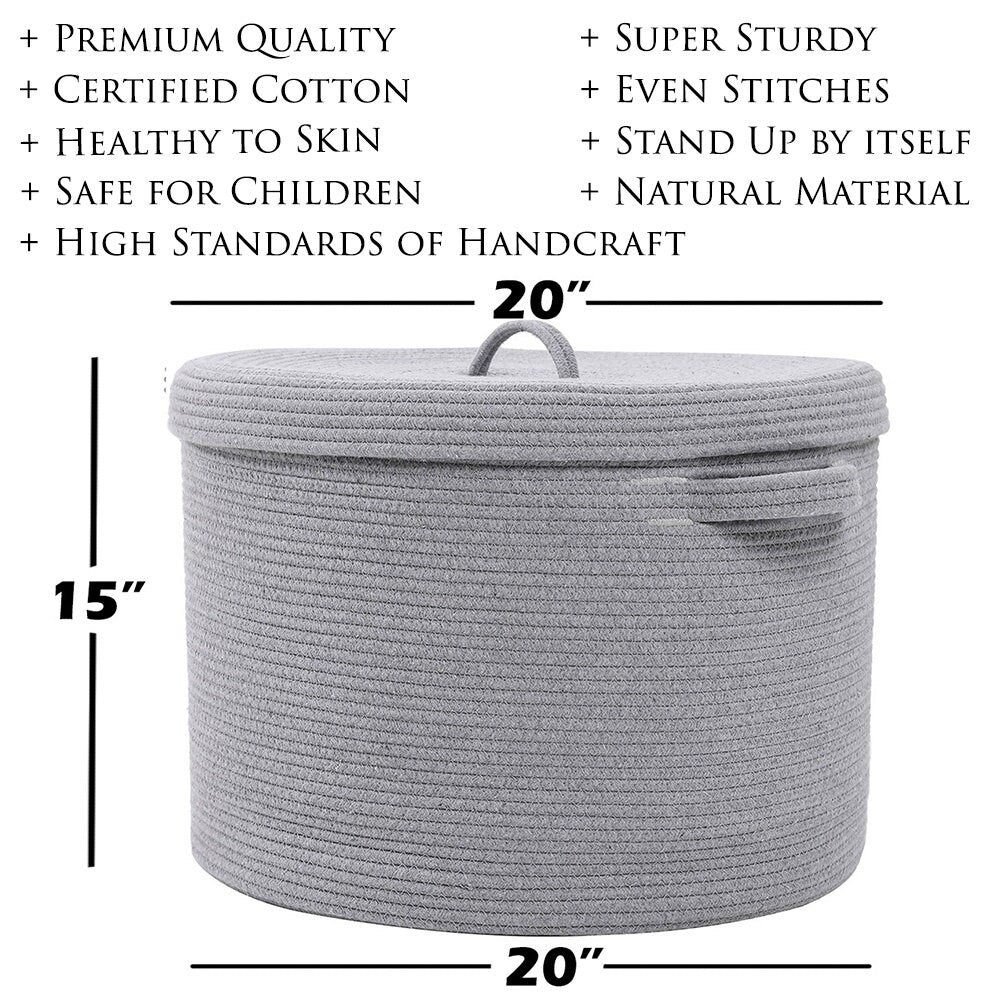 20" x 20" x 15" Extra Large Storage Basket with Lid, Cotton Rope Storage Baskets, Laundry Hamper, Toy Bin, Basket with Cover Full Grey