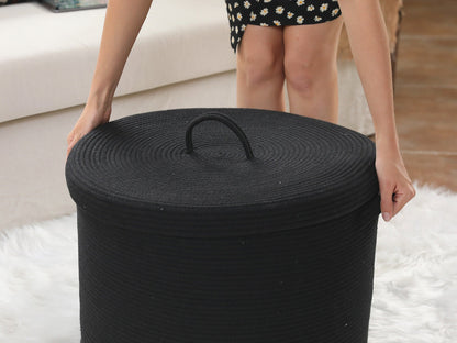 20" x 20" x 15" Large Cotton Rope Storage Basket with Lid, All Black