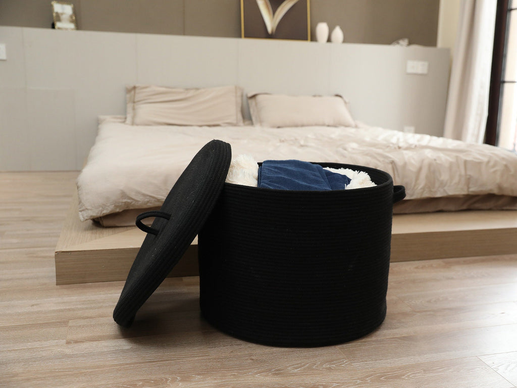 20" x 20" x 15" Large Cotton Rope Storage Basket with Lid, All Black