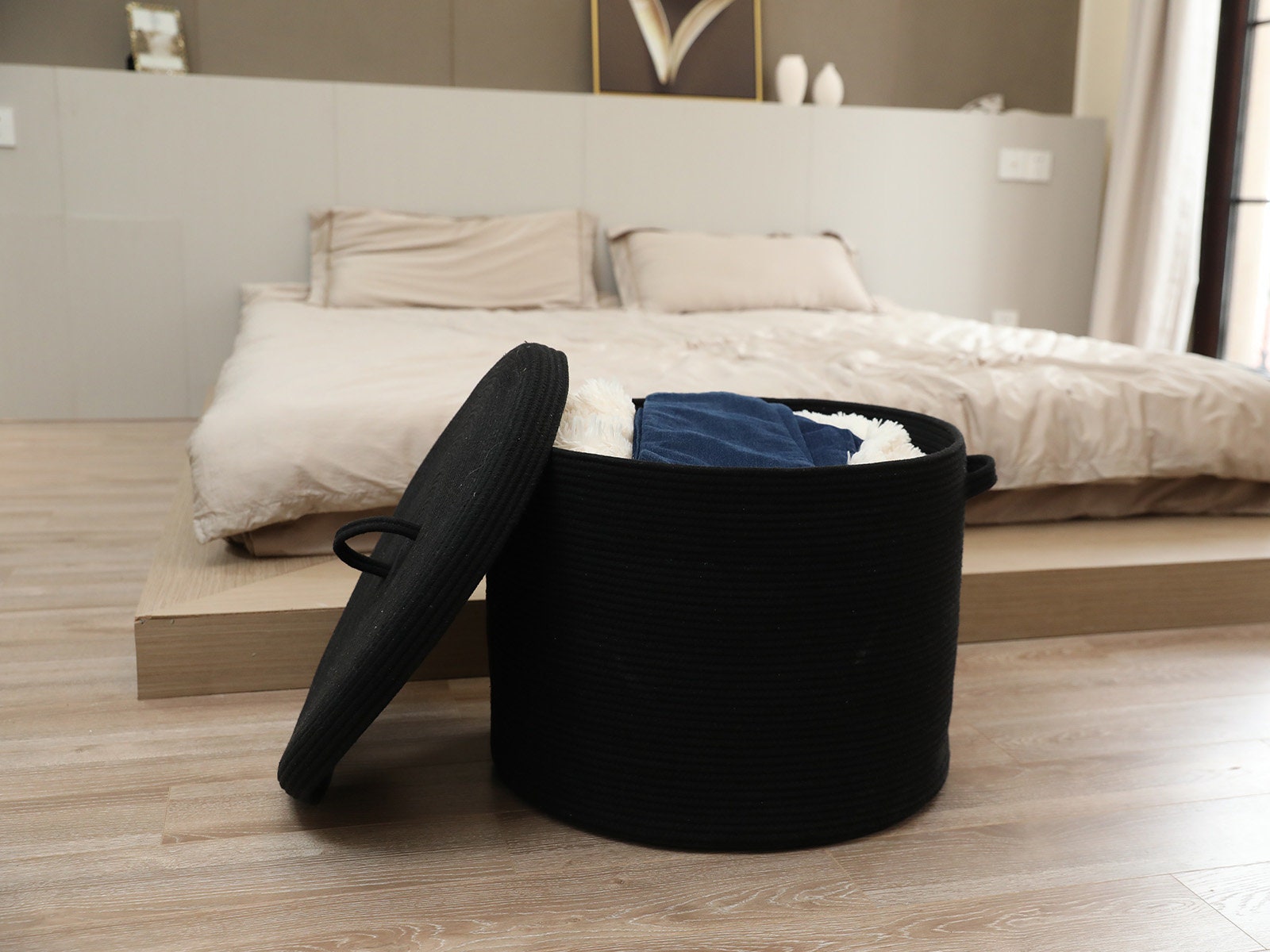 20" x 20" x 15" Large Cotton Rope Storage Basket with Lid, All Black