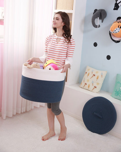 20" x 20" x 15" Large Cotton Rope Storage Basket with Lid, Dark Blue