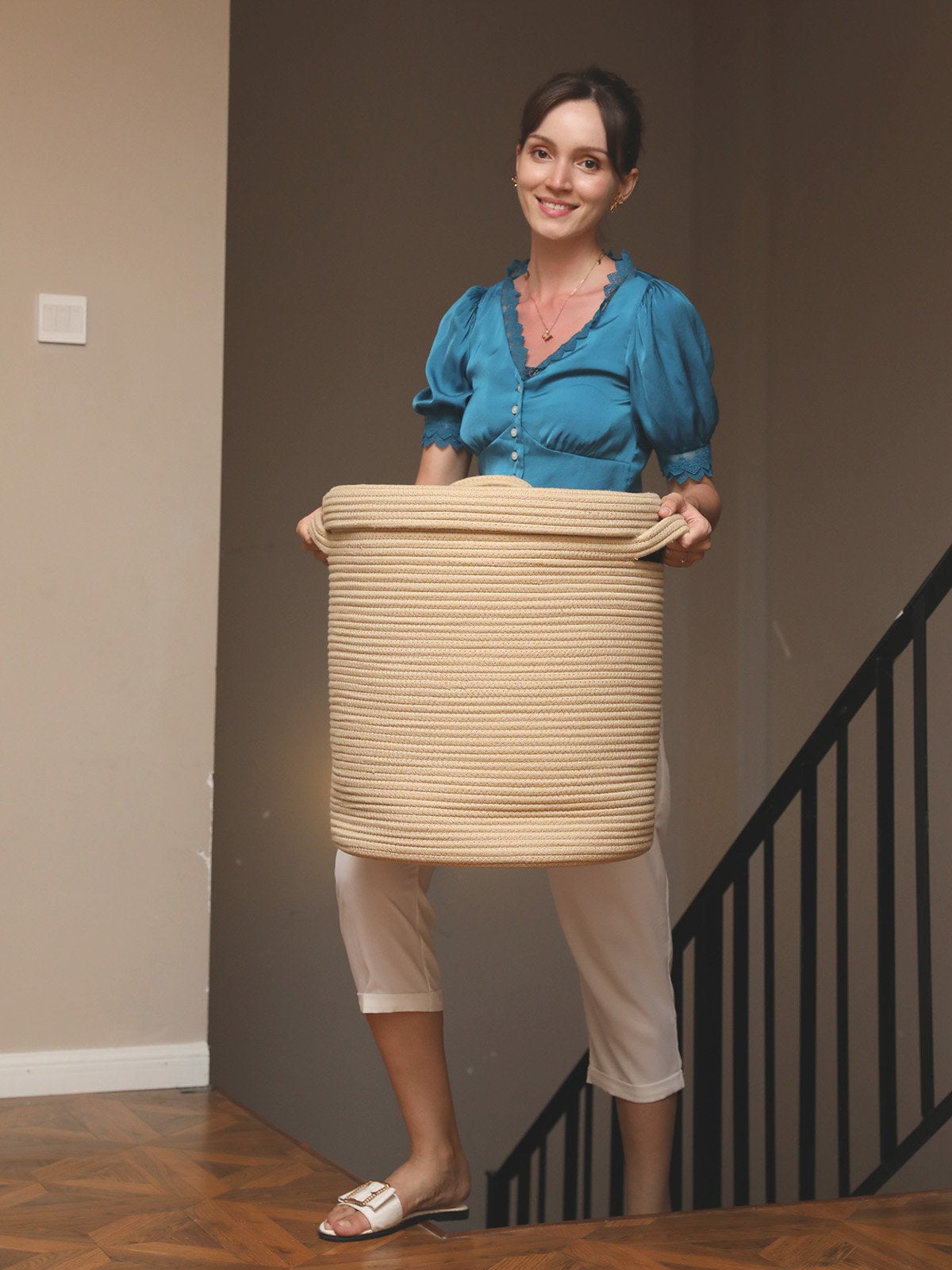 16" x 16" x 18" Large Cotton Rope Storage Basket with Lid, Grey Mix