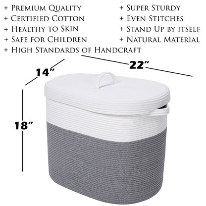 22” x 14” x 18” Rectangular Large Cotton Rope Storage Basket with Lid, Grey