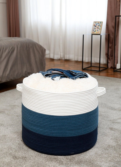 20" x 20" x 15" Large Cotton Rope Storage Basket with Lid, Blue/Dark Blue