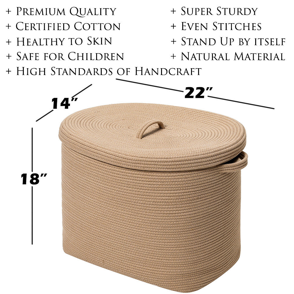 22” x 14” x 18” Rectangular Extra Large Storage Basket with Lid, Cotton Rope Storage Baskets, Woven Laundry Hamper, All Beige Rectangular Basket
