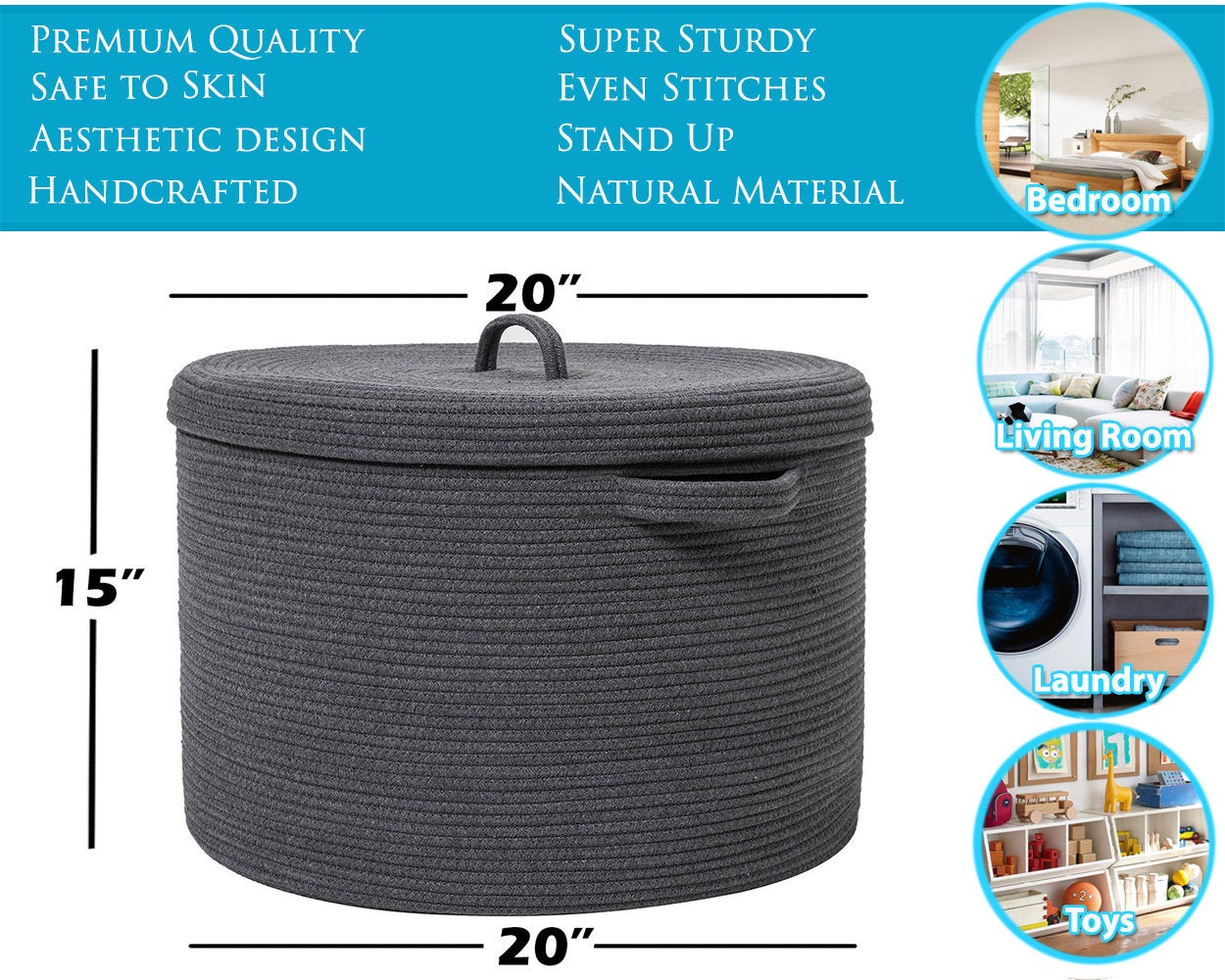 20" x 20" x 15" Extra Large Storage Basket with Lid, Cotton Rope Storage Baskets, Laundry Hamper, Toy Bin, Large Basket Dark Grey with Cover