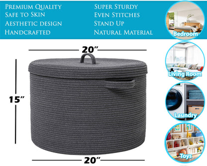 20" x 20" x 15" Large Cotton Rope Storage Basket with Lid, All Dark Grey