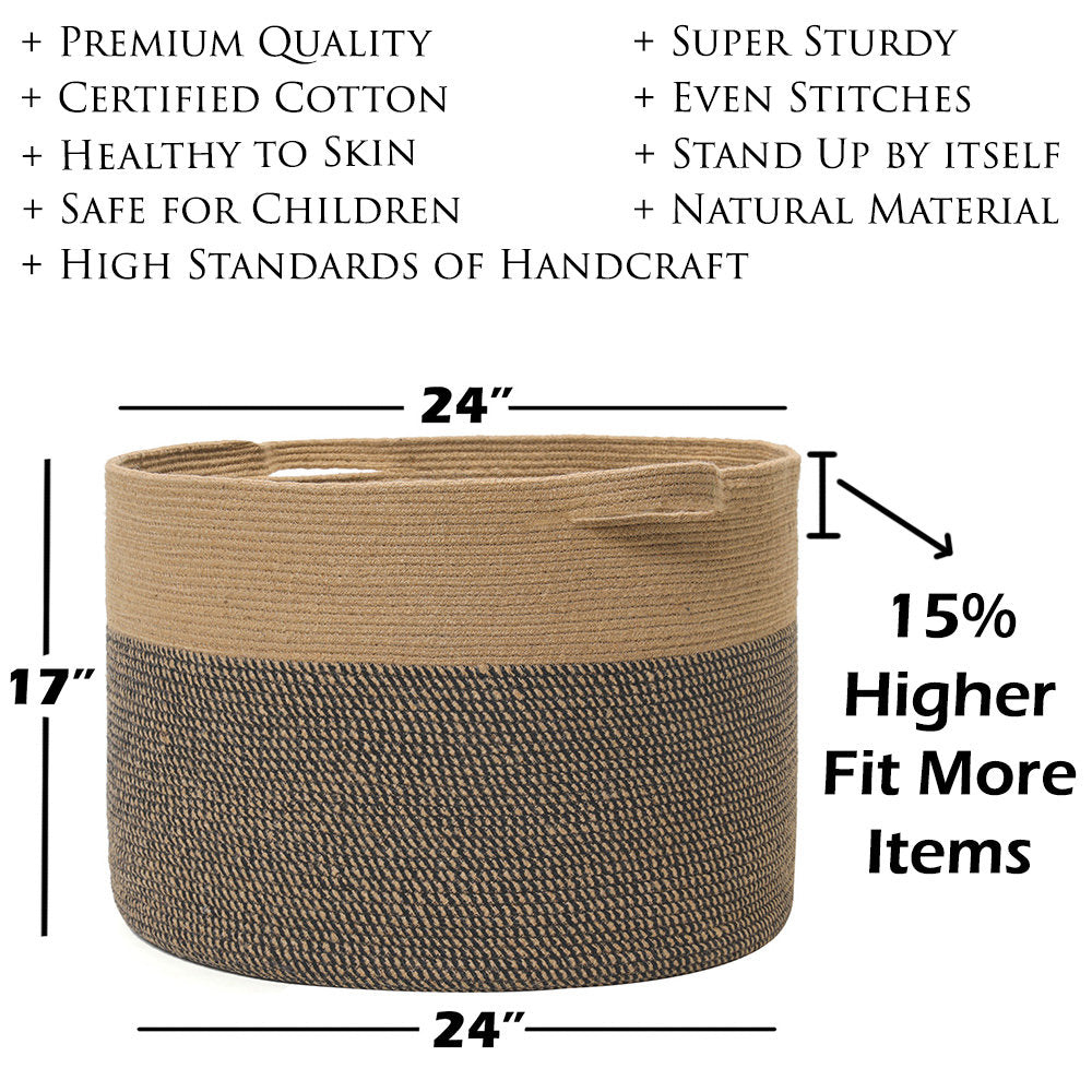 24" x 24" x 17" Mega Size Cotton Rope Storage Basket, Grey/Dark Grey