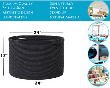 24" x 24" x 17" Mega Size Cotton Rope Storage Basket, All Black Grey Mix