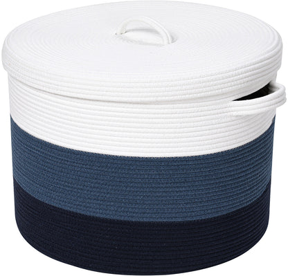 20" x 20" x 15" Large Cotton Rope Storage Basket with Lid, Blue/Dark Blue