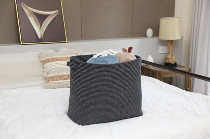 22" x 14" x 18" Rectangular Large Cotton Rope Storage Basket, All Black Grey Mix