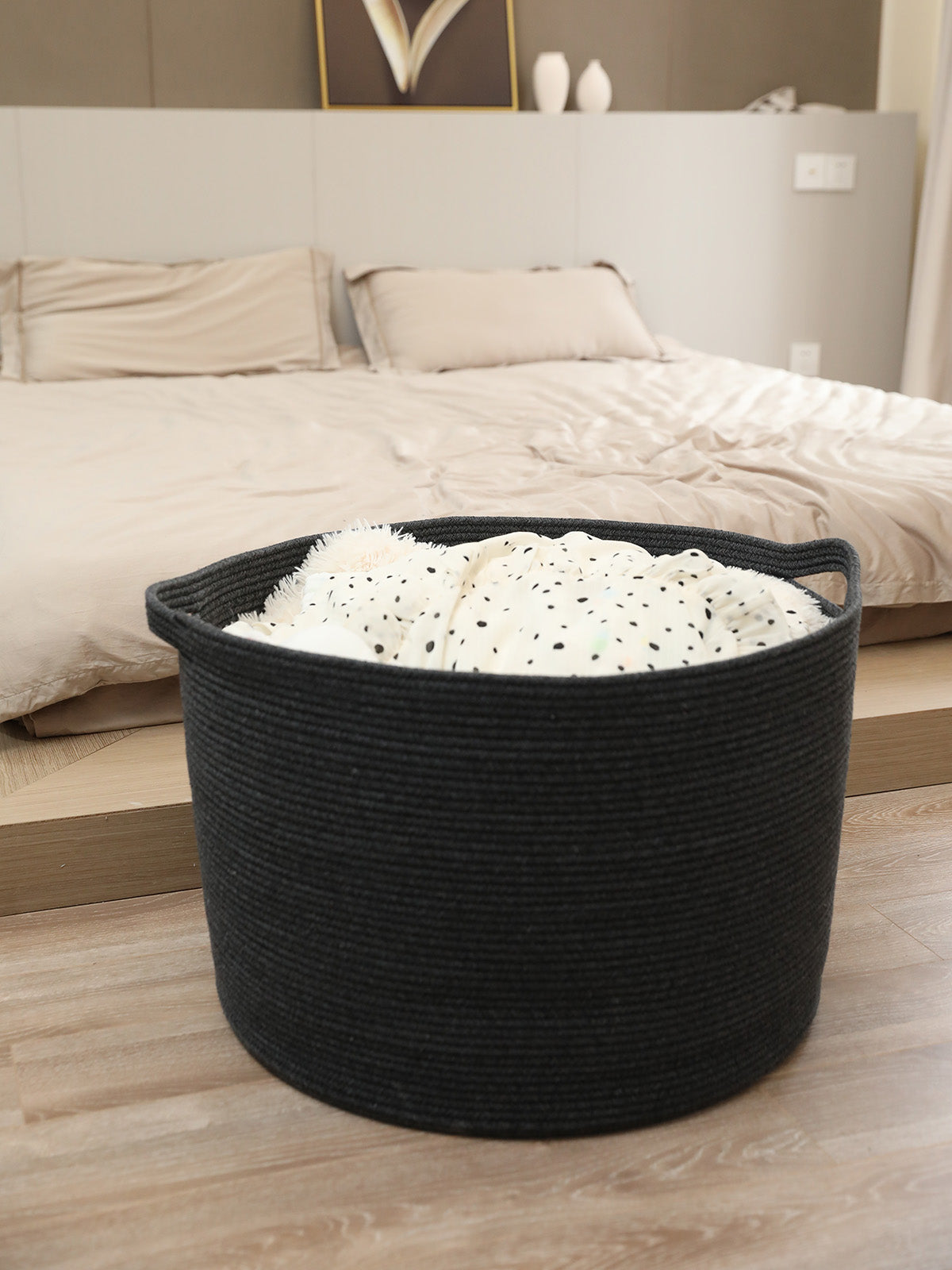 24" x 24" x 17" Mega Size Cotton Rope Storage Basket, All Black Grey Mix