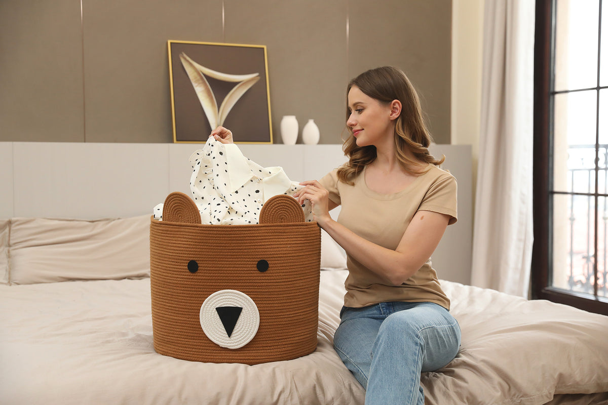 18" x 15" Bear Animal Cotton Rope Storage Basket, Orange Brown