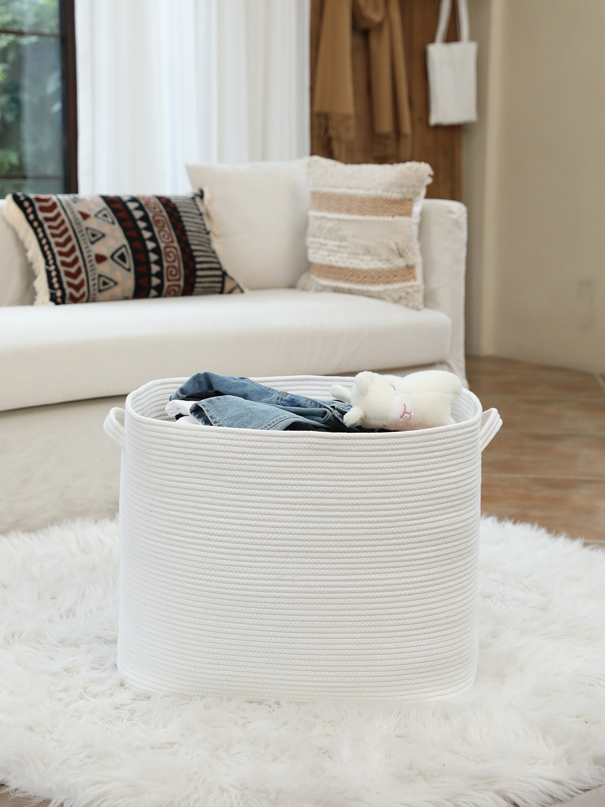 22" x 14" x 18" Rectangular Large Cotton Rope Storage Basket, All White