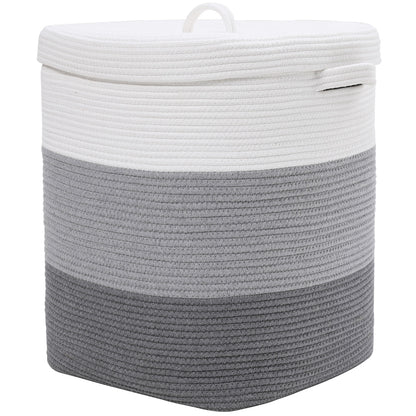 16”x16”x20” Rectangular Large Cotton Rope Storage Basket with Lid, Light Grey/Grey