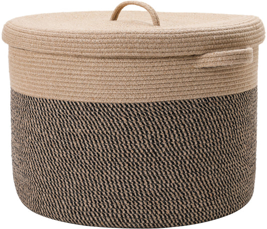 20" x 20" x 15" Large Cotton Rope Storage Basket with Lid, Jute/Black Mix