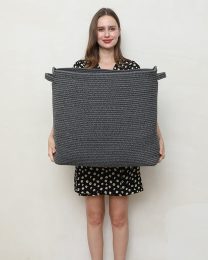 22" x 14" x 18" Rectangular Large Cotton Rope Storage Basket, All Black Grey Mix