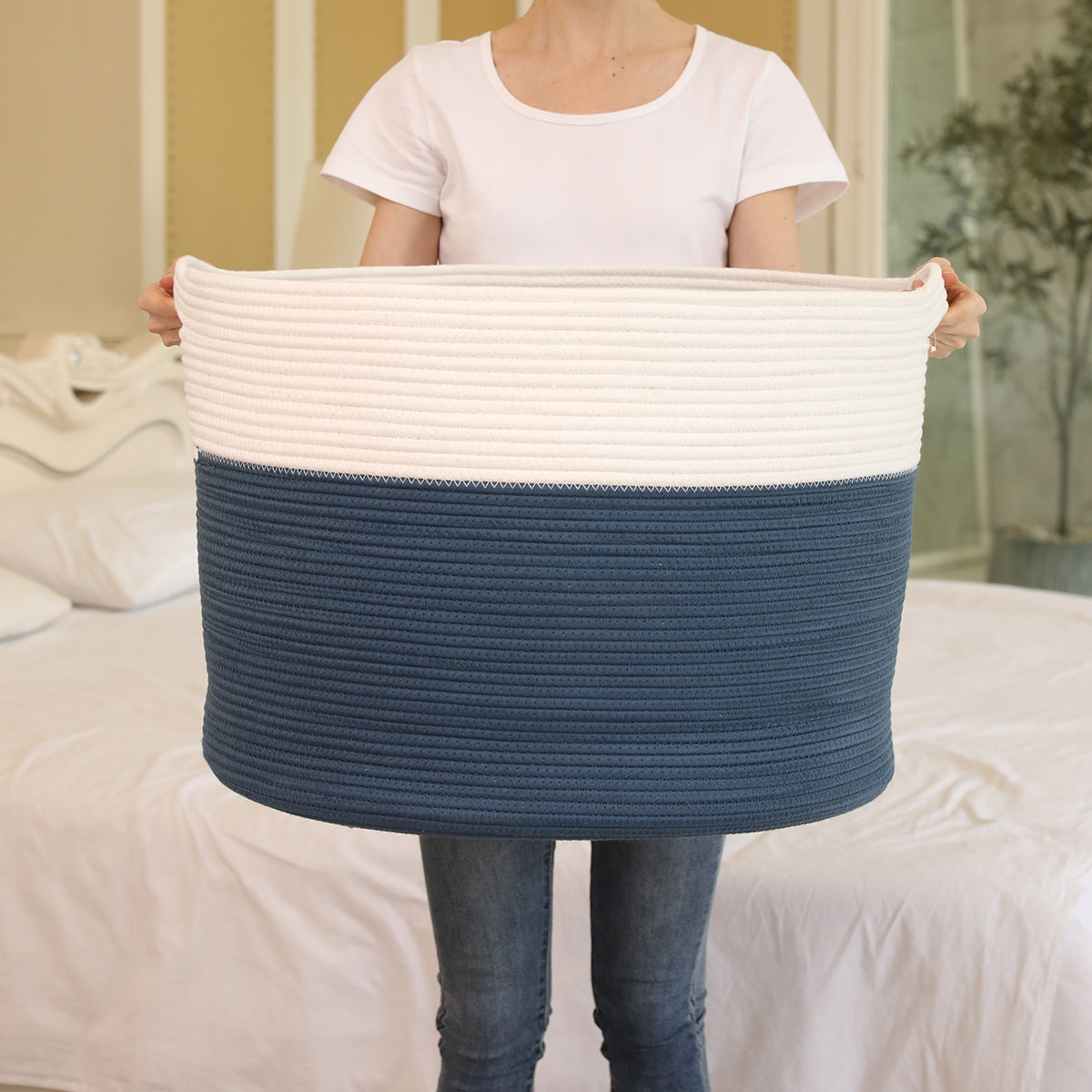 22" x 22" x 16" Mega Size Cotton Rope Storage Basket, Dark Blue