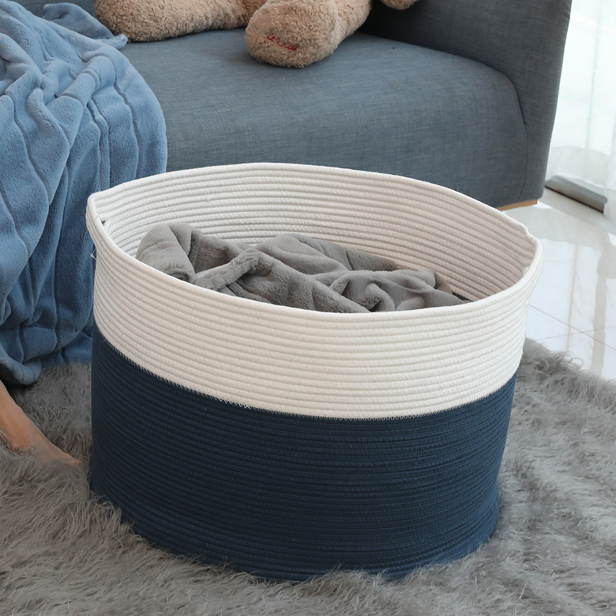 22" x 22" x 16" Mega Size Cotton Rope Storage Basket, Dark Blue