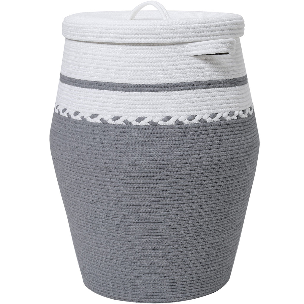 26" x 20" Large Tall Flagon Cotton Rope Storage Basket with Lid, White/Grey