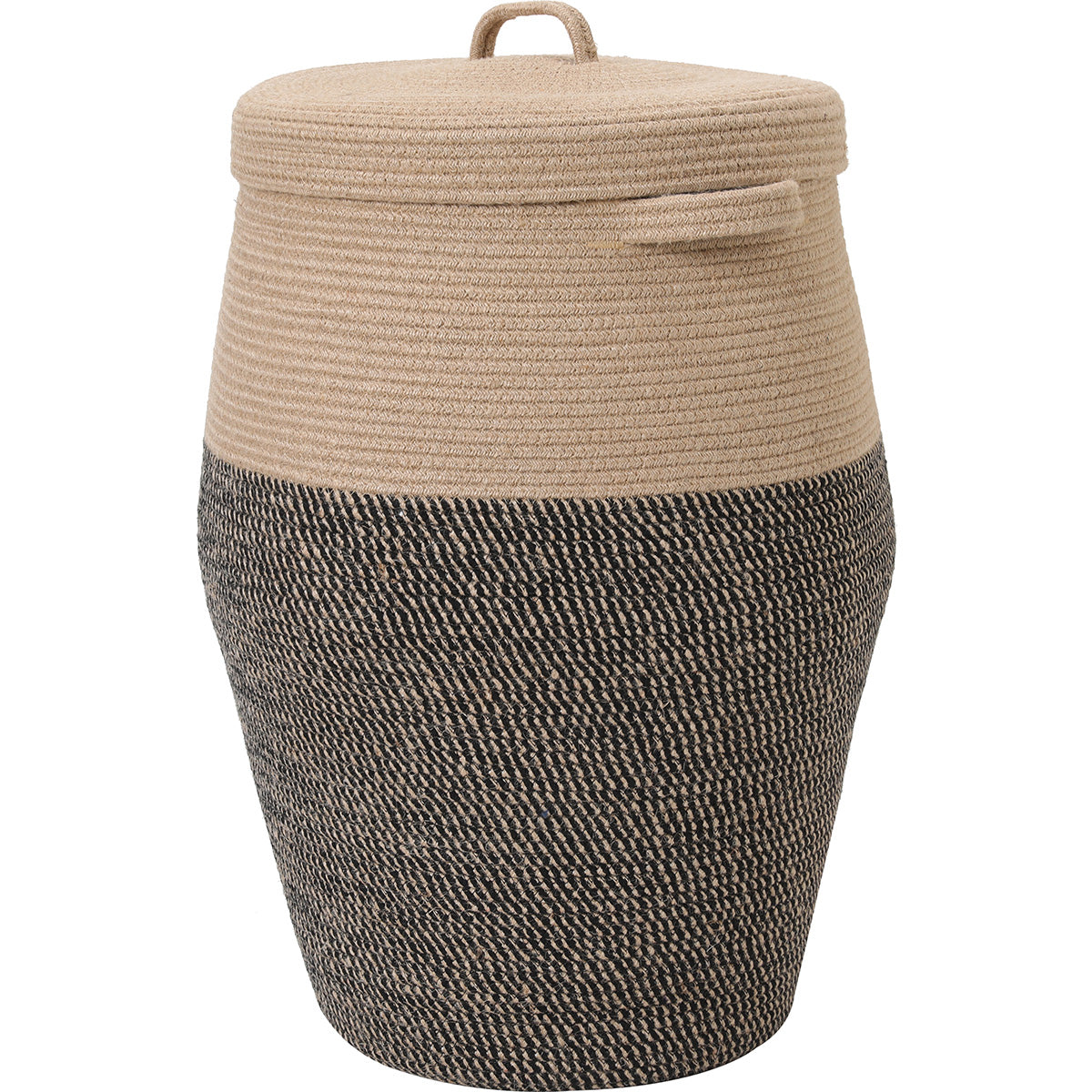 26" x 20" Large Tall Flagon Cotton Rope Storage Basket with Lid, Jute/Black Mix