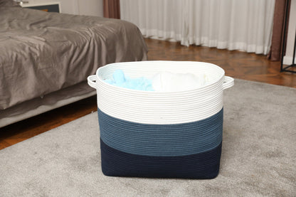 22" x 14" x 18" Rectangular Extra Large Storage Basket, Cotton Rope Storage Baskets, Woven Laundry Hamper, for Clothes, Dark Blue/Deep Blue