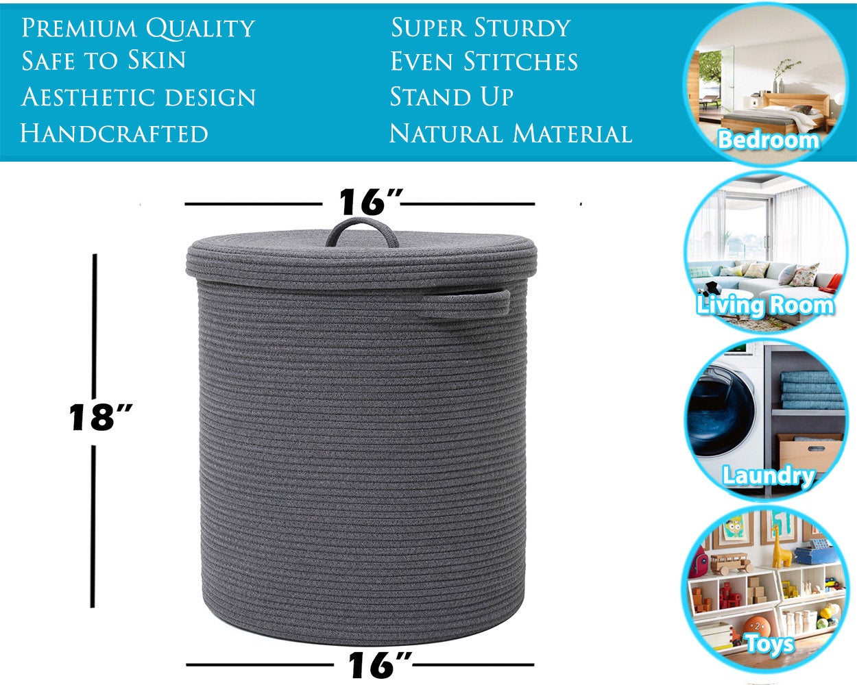 16" x 16" x 18" Large Cotton Rope Storage Basket with Lid, Dark Grey