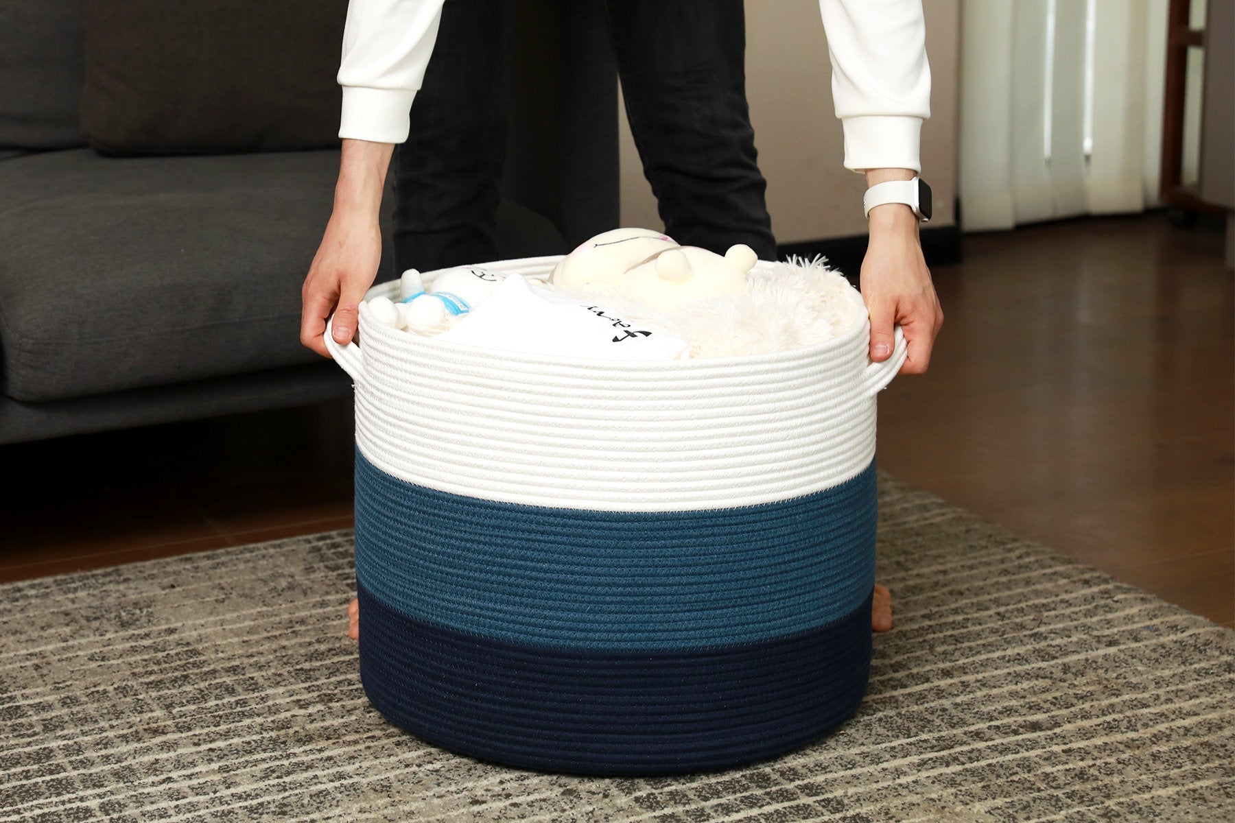 20" x 20" x 15" Large Cotton Rope Storage Basket with Lid, Dark Blue/Dark Blue