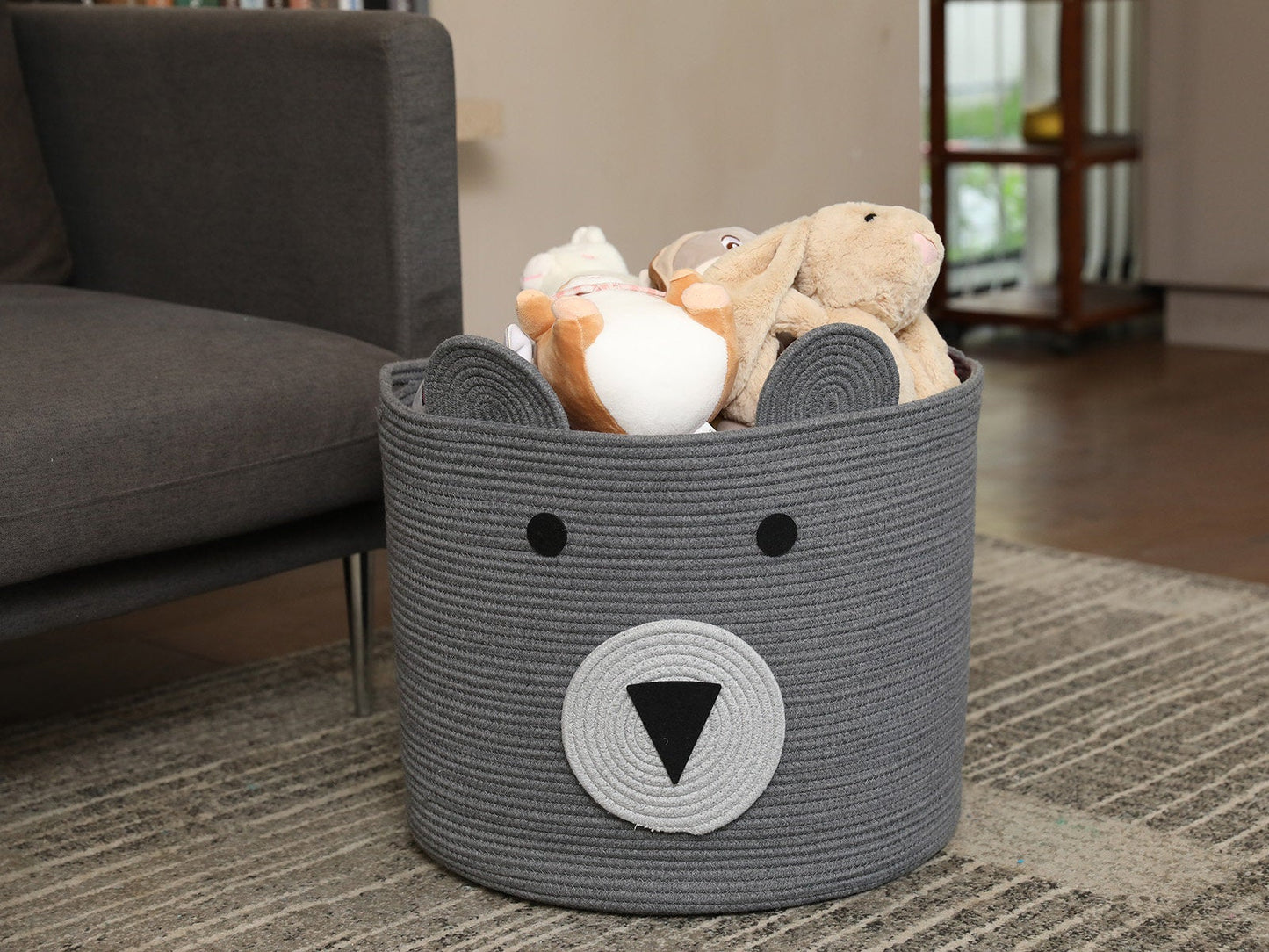 18" x 15" Bear Animal Cotton Rope Storage Basket, Grey