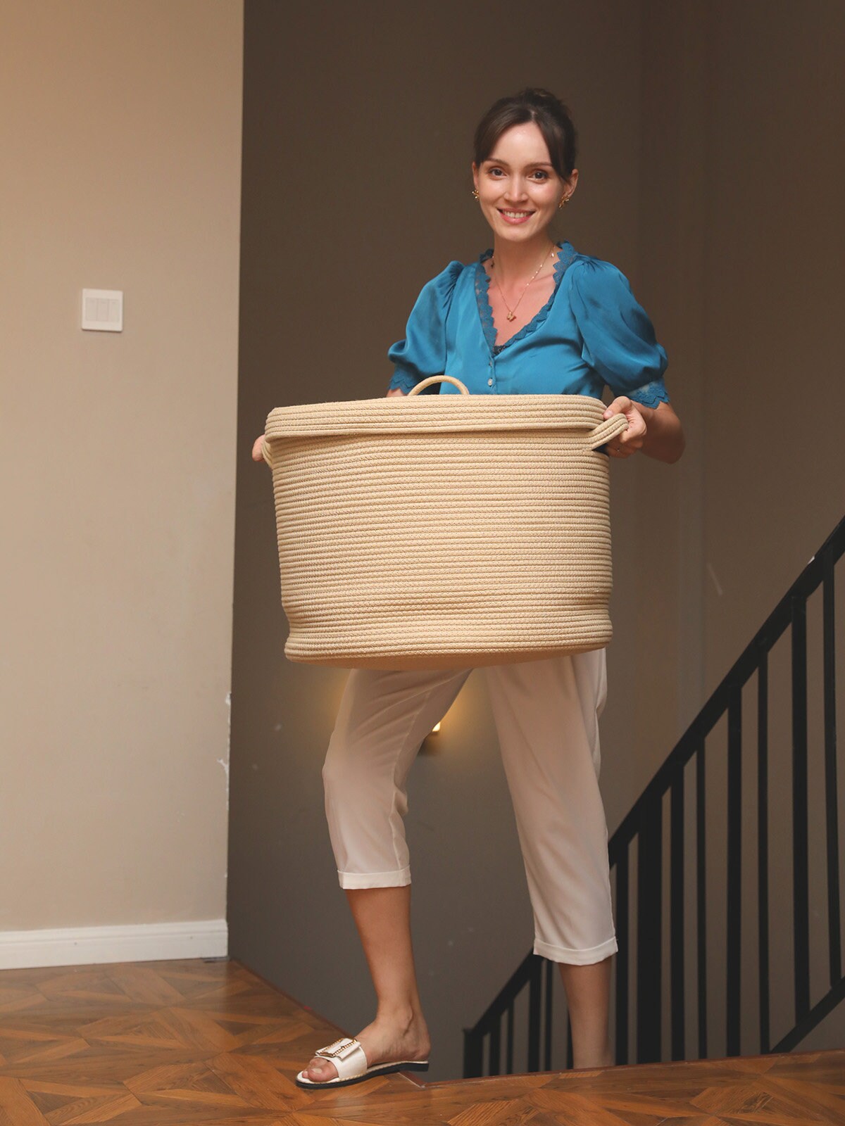 20" x 20" x 15" Extra Large Storage Basket with Lid, Cotton Rope Storage Baskets, Laundry Hamper, Toy Bin, All Beige Basket with Cover