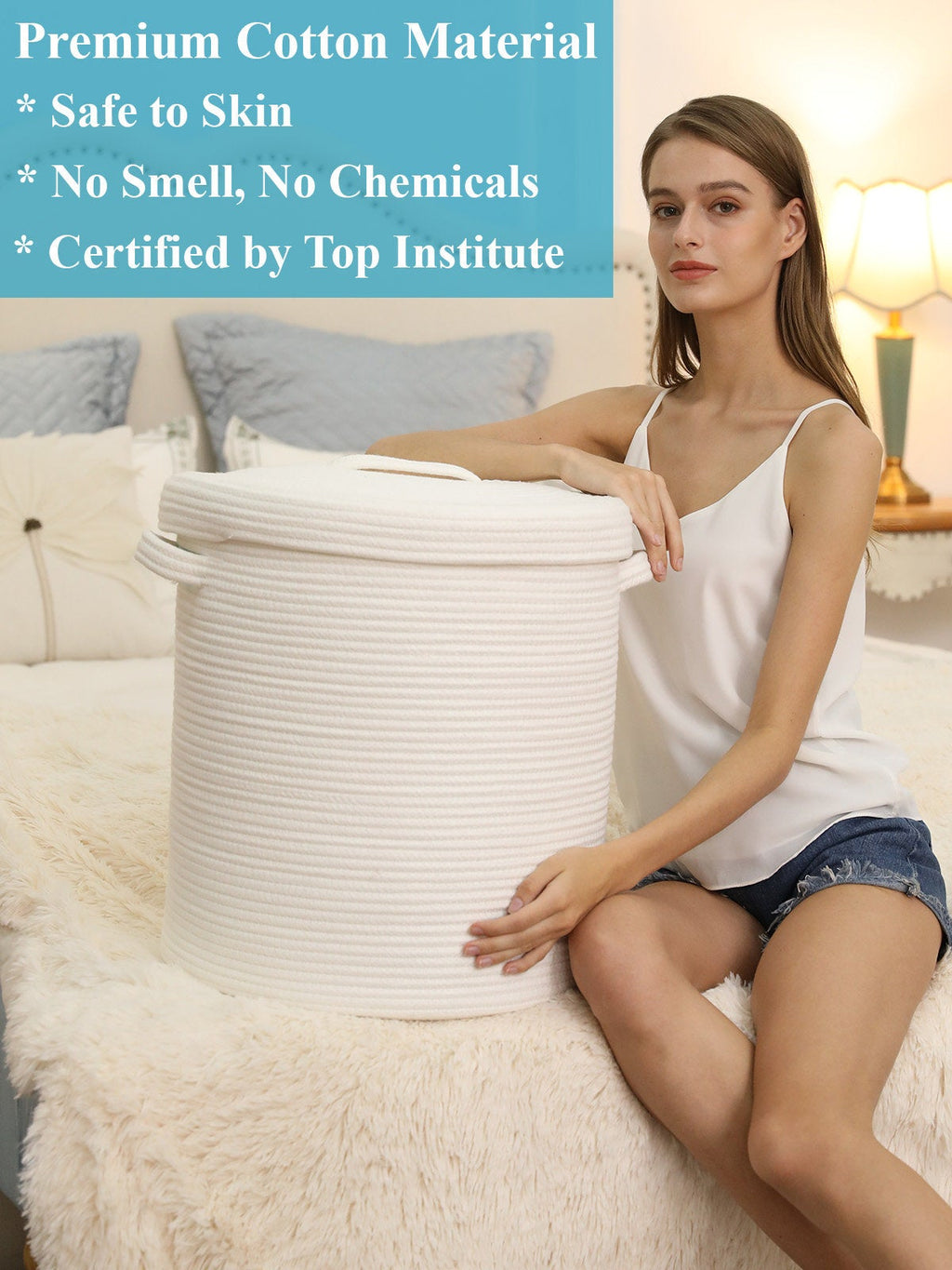 16" x 16" x 18" Large Cotton Rope Storage Basket with Lid, All White