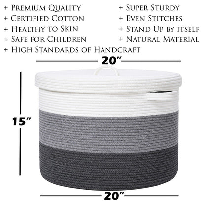 20" x 20" x 15" Large Cotton Rope Storage Basket with Lid, Grey/Dark Grey