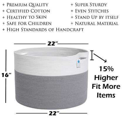 22" x 22" x 16" Mega Size Cotton Rope Storage Basket, Grey