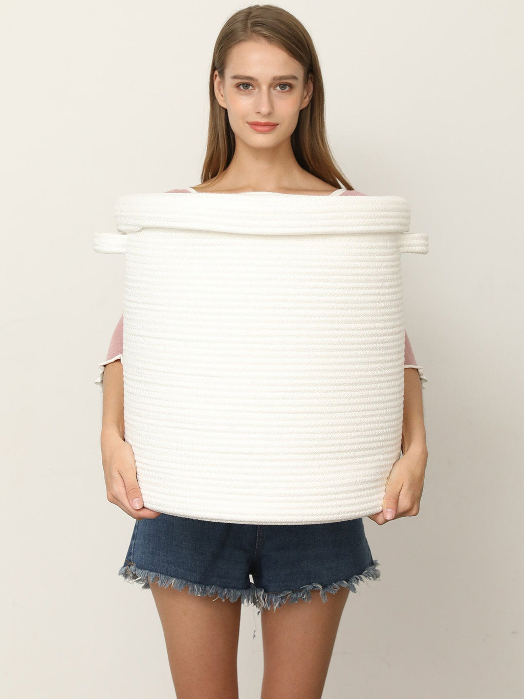 16" x 16" x 18" Large Cotton Rope Storage Basket with Lid, All White