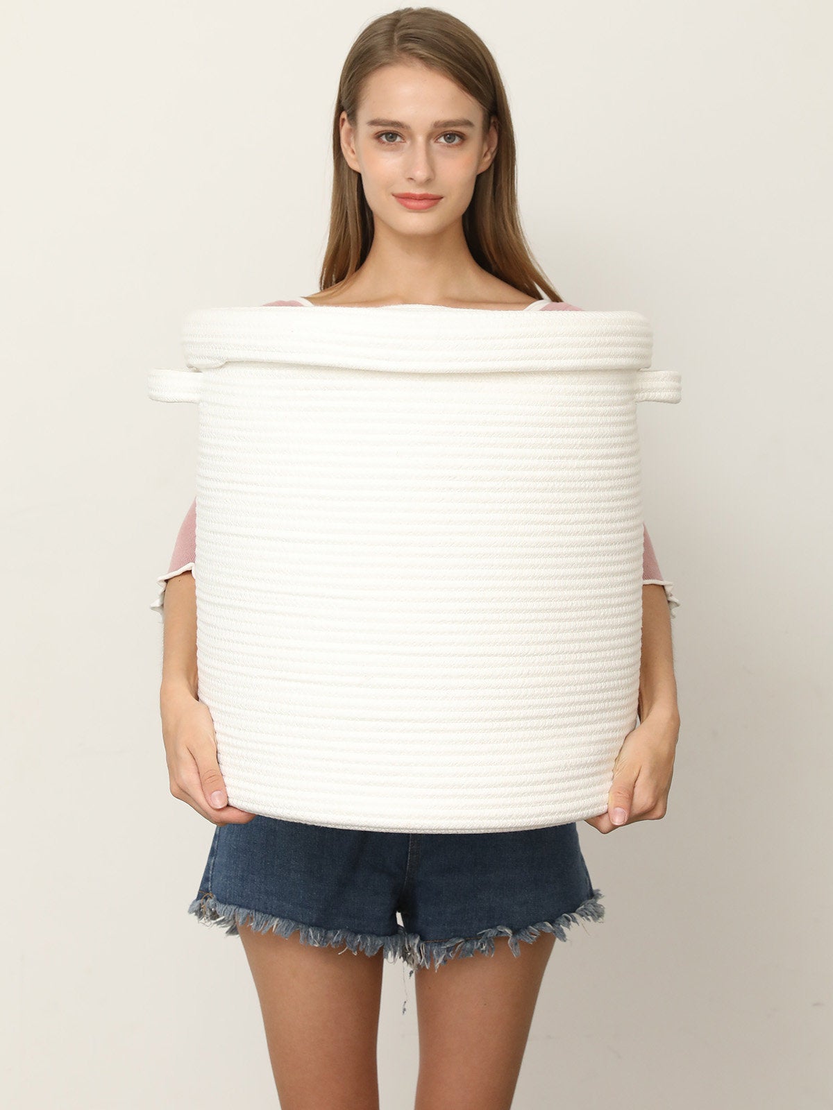 16" x 16" x 18" Large Cotton Rope Storage Basket with Lid, All White