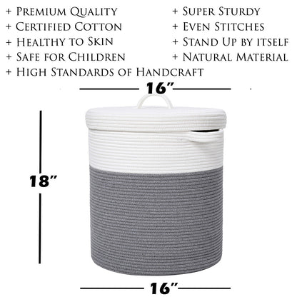 16" x 16" x 18" Large Cotton Rope Storage Basket with Lid, Grey