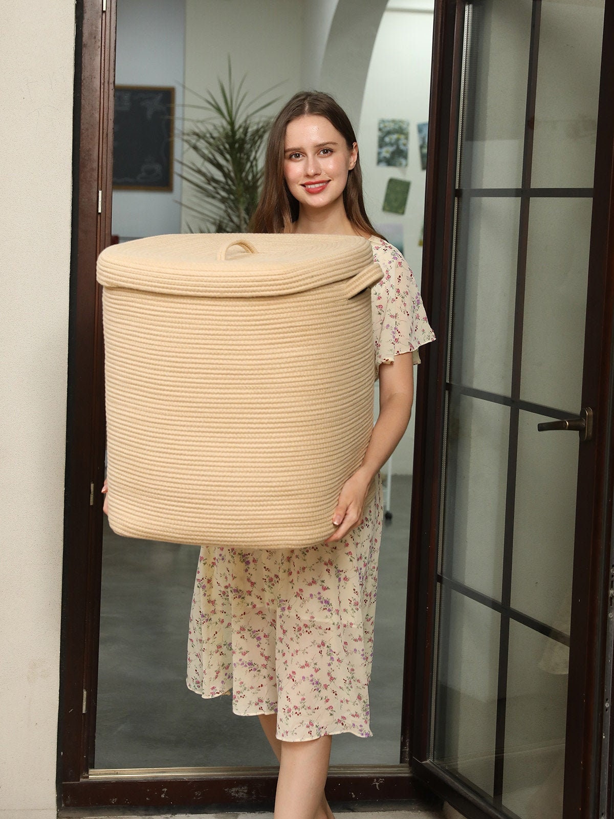 16”x16”x20” Rectangular Large Cotton Rope Storage Basket with Lid, All Beige