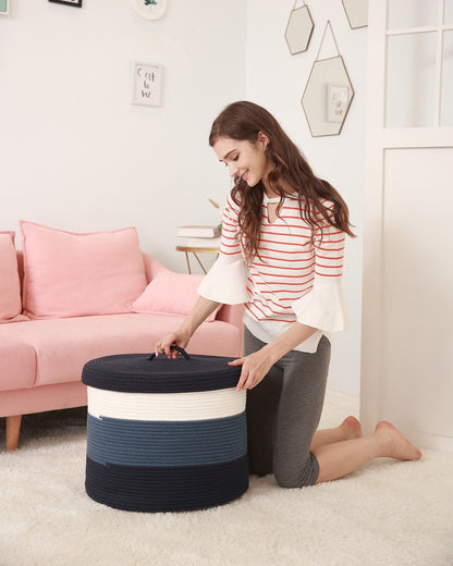 20" x 20" x 15" Large Cotton Rope Storage Basket with Lid, Blue/Deep Blue