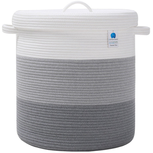 16" x 16" x 18" Large Cotton Rope Storage Basket with Lid, Light Grey/Grey